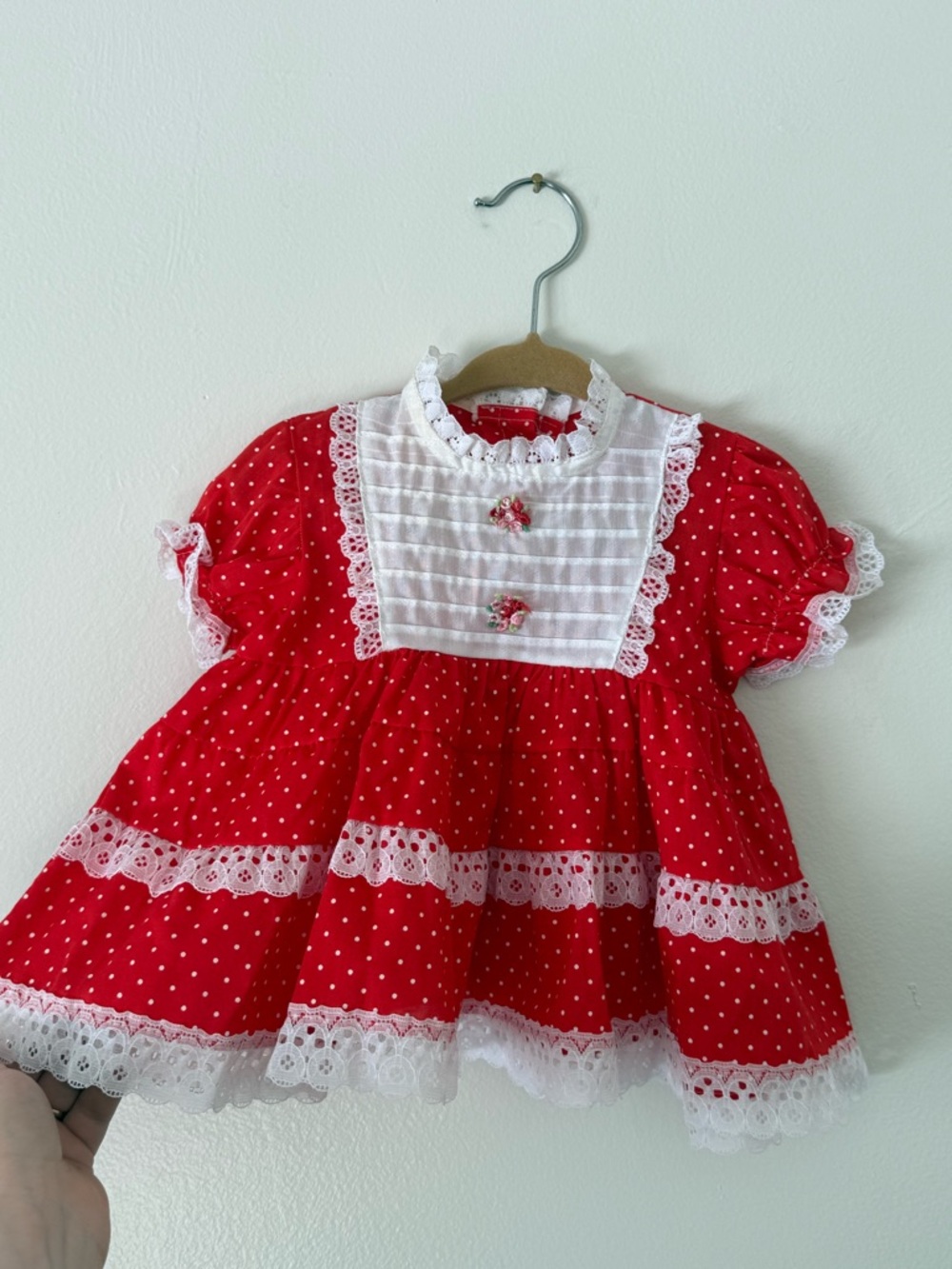 Vintage Baby Girl 9m Baby Doll Red & White Polka Dot Dress Lace Teired Ruffle - Picture 2 of 8